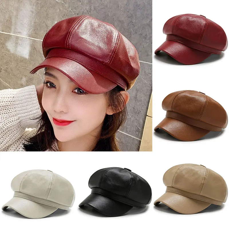 

Korean Autumn And Winter Hat Leather Octagonal Hat Ladies British Retro Casual Solid Color Peaked Cap Fashion Pu Painter Hat