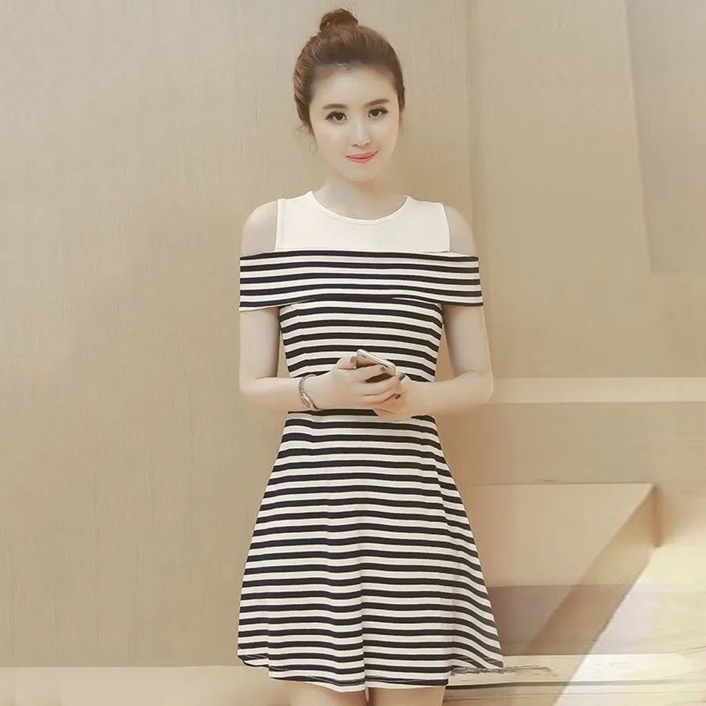 Женское модное платье с О образным вырезом Полосатое мини коротким рукавом
