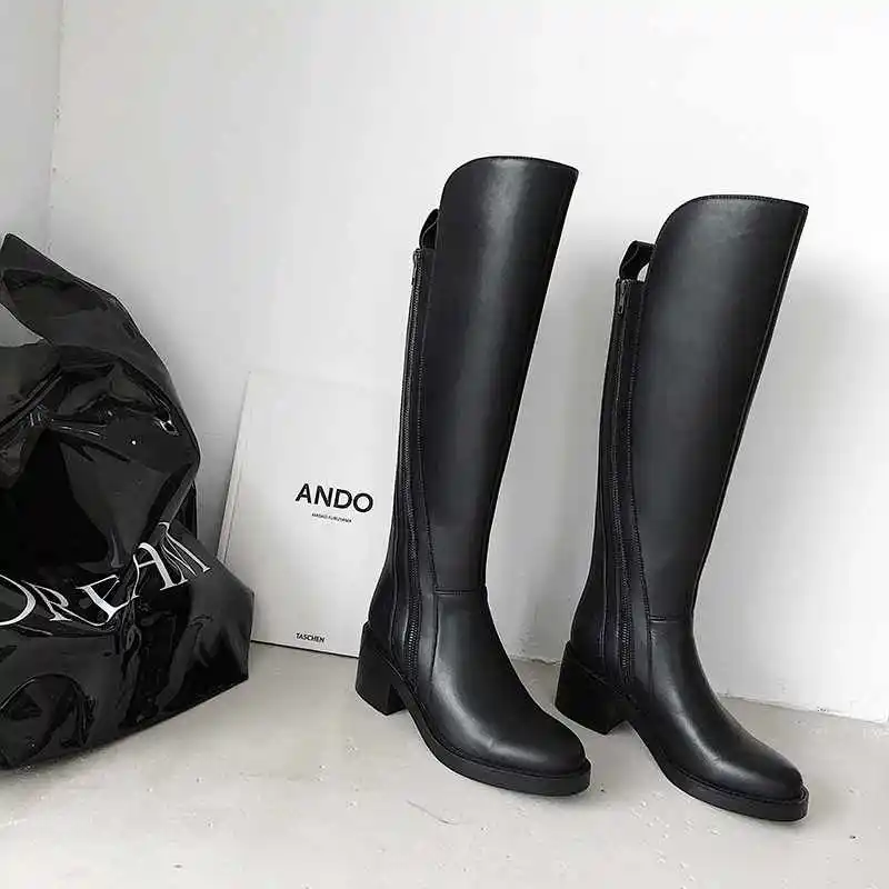 Сапоги krazing pot из воловьей кожи на толстом высоком каблуке базовые теплые сапоги в