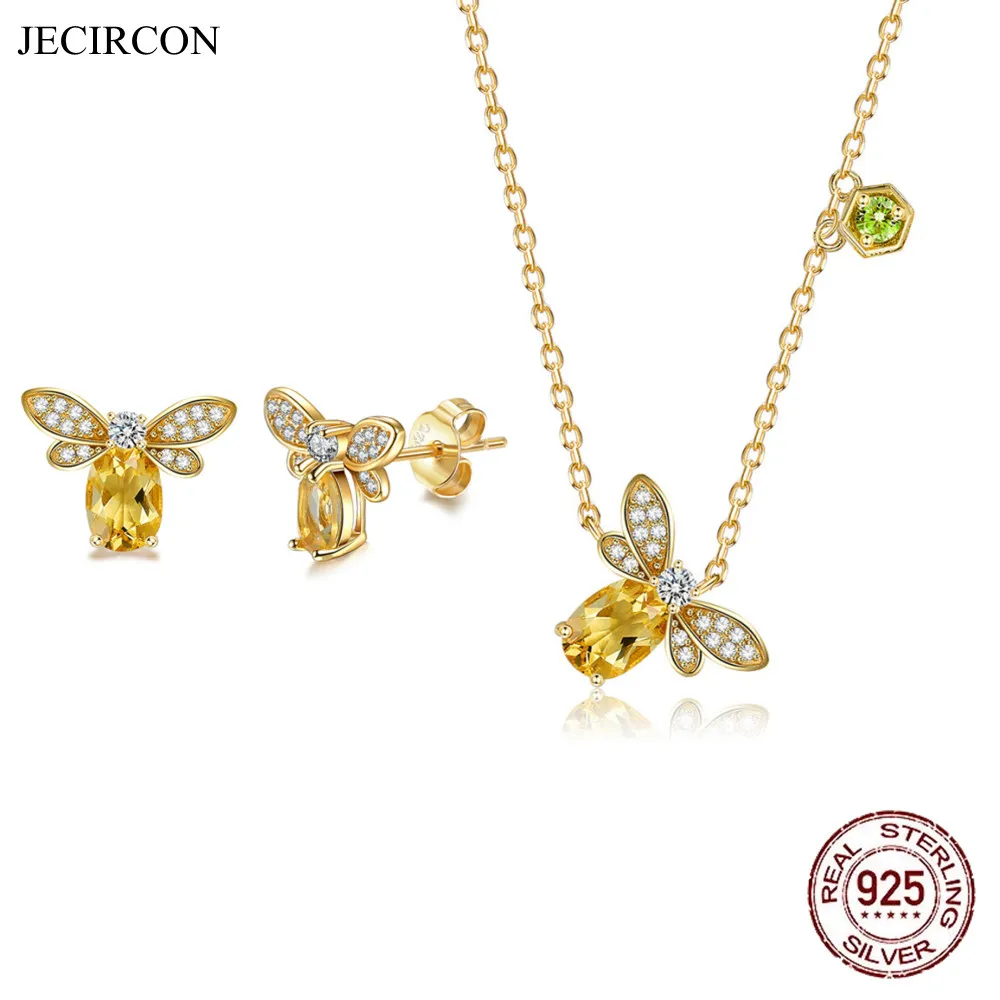

JECIRCON 925 Sterling Silver Animal Pendant Necklace Cute Honey bee Stud Earrings Fine Wedding Jewelry Set Earrings/Necklace Set