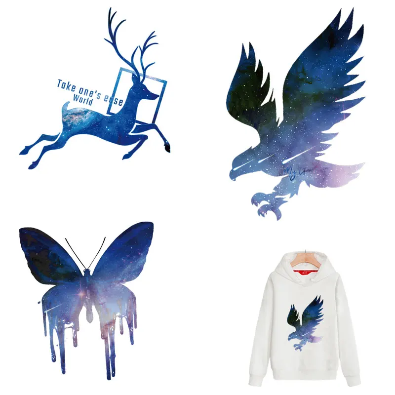 

starry sky animal deer eagl iron on patches for clothing ironing sticker diy punisher transfert thermocollants t-shirt applique