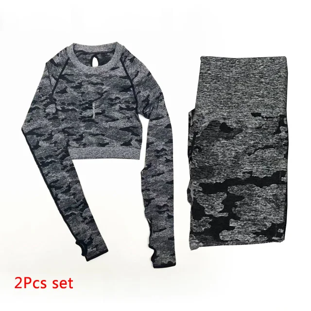 Black 2pcs set 2 шт., камуфляжный бесшовный комплект для йоги, женская одежда для фитнеса, спортивная одежда, укороченные топы с длинными рукавами+ леггинсы с высокой талией, спортивные костюмы для спортзала - Цвет: Black 2pcs set