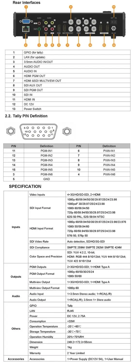 Видеопереключатель Avmatrix VS0601 6-канальный совместимый с SDI HDMI вход