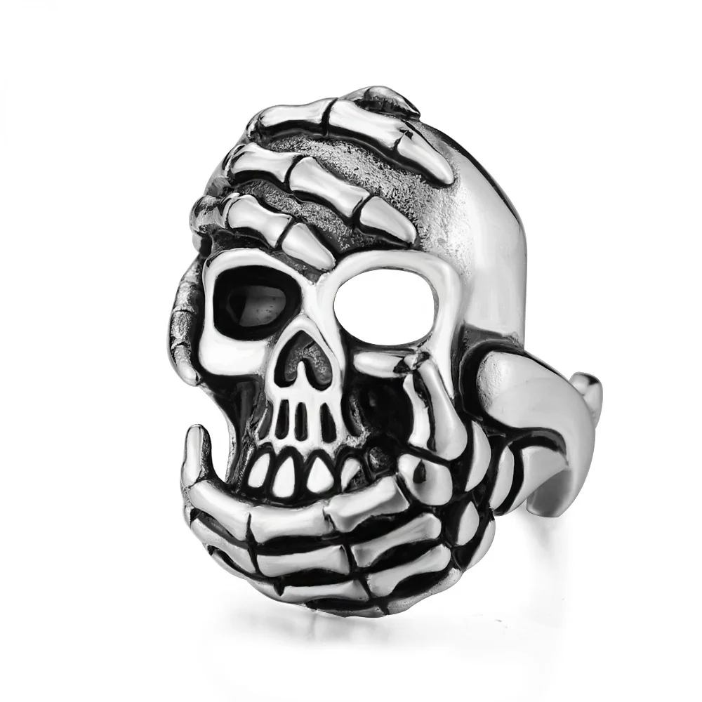 

Megin D New Punk Personality Skull Ghost Hands Titanium Steel Rings for Men Women Couple Friend Fashion Design Gift Jewelry