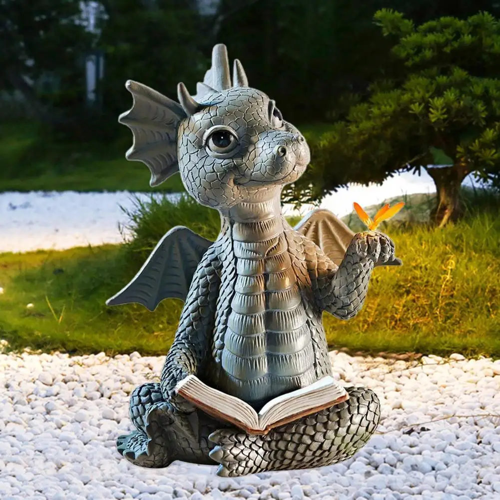 

Garden Statue Realistic Decorative Resin Butterflies Baby Dragon Reading Book Sculpture Figurine for Garden