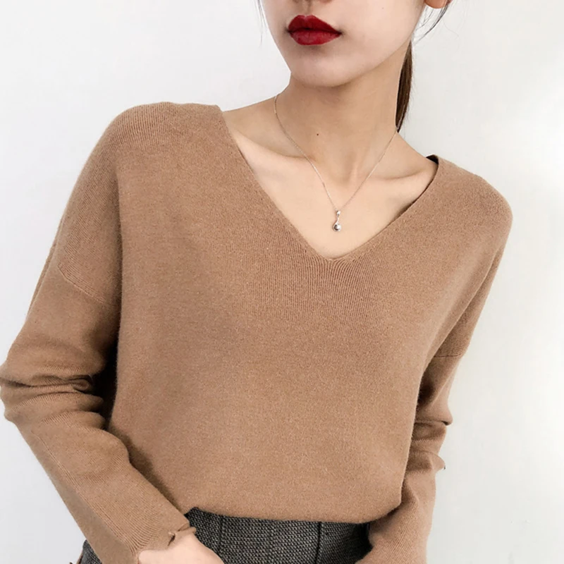 Пуловеры женские с V-образным вырезом вязаные однотонные простые свитера длинным