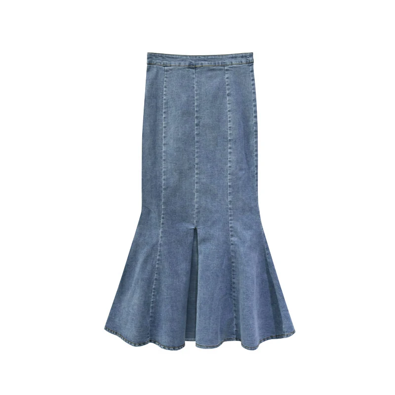 

New 2021 Fish Tail Denim Skirt Women Mid-Calf Mermaid Trumpet Long Skirt Ruffles Zipper Empire High Waist Jeans Stretchy s740