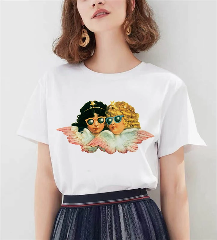 

Summer T-shirts Women O Neck Cute Angel Boys Print Ladies Fashion Clothes Graphic Tshirt Top Lady Print Female Tee T-Shirt