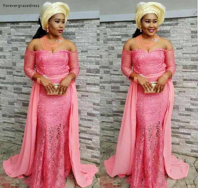

2019 Arabic Dubai Nigerian Lace Prom Dress Off-the-Shoulder Detachable Train Formal Holiday Wear Party Gown Custom Made