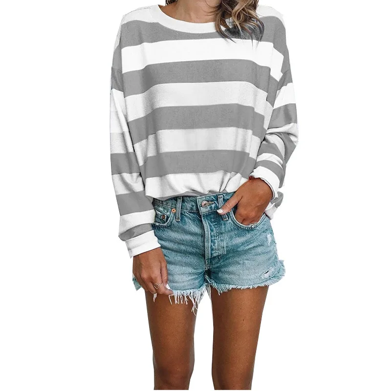 

Fashion Casual New O Neck Rainbow Stripe Print Women's T Shirt 2021 Spring Autumn Long Sleeve Loose Ladies T Shirt Tops Harajuku