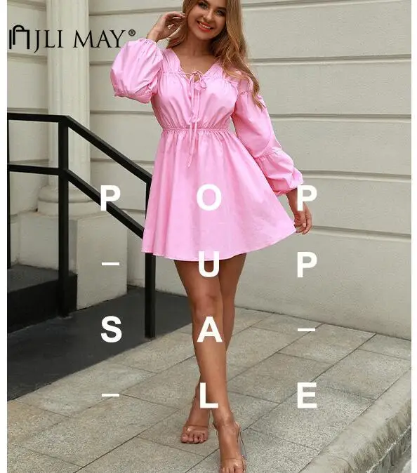 

JLI MAY V-Neck Long Sleeve Dress Women Spring Casual Mini Puff Sleeve Pink Shirt Dresses vestido feminino