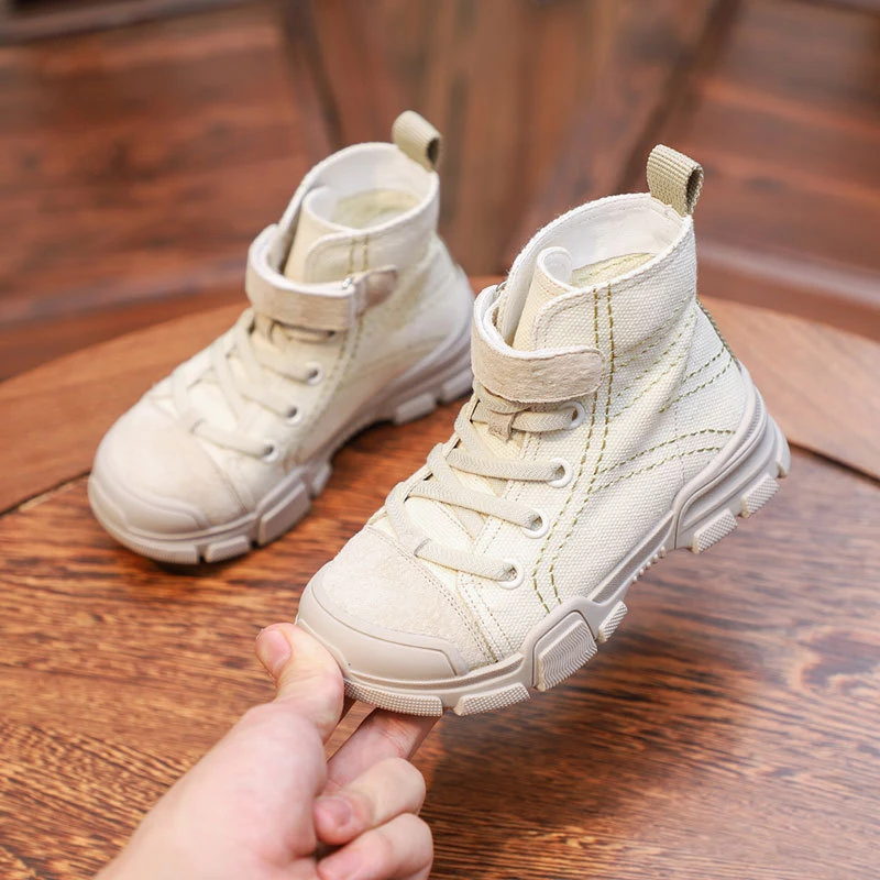 02 Beige Осенние новые детские кроссовки; Высокая детская парусиновая обувь для мальчиков и девочек; детские ботинки; повседневные военные ботинки; 17 размеров - Цвет: 02 Beige