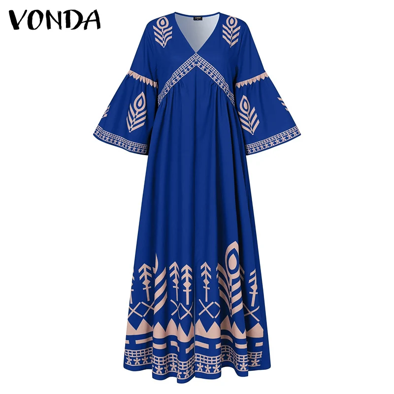 

Long Maxi Dress VONDA 2021 Casual 3/4 Flare Sleeve Pleated Vestidos Spring Summer V Neck Printed Long Robe Loose Beach Sundress