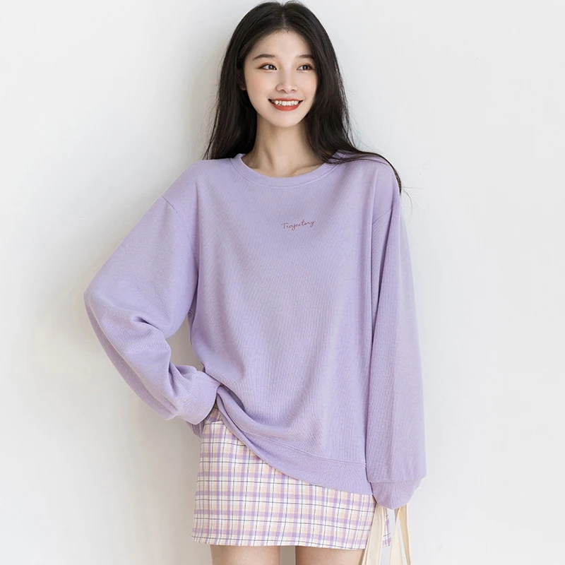 

New Cotton Sweatshirt Women Autumn 2021 Casual O-Neck Pullover Purple Letter Print Loose Sweatshirt Girl‘s Tops Outerwear