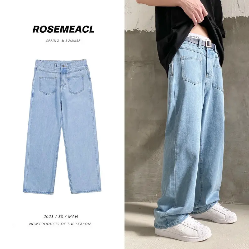 2021 Men's Straight Washed Blue Color Jeans Loose Wide-leg Pants Fashion Casual Hiphop Streetwear Denim Trousers | Мужская одежда