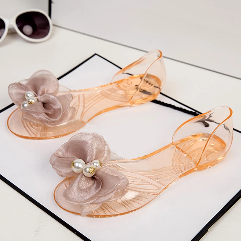 Женские босоножки летняя стильная прозрачная обувь с жемчугом и бантом женские