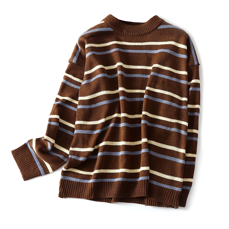 Полосатые винтажные свободные акриловые вязаные свитера с круглым вырезом