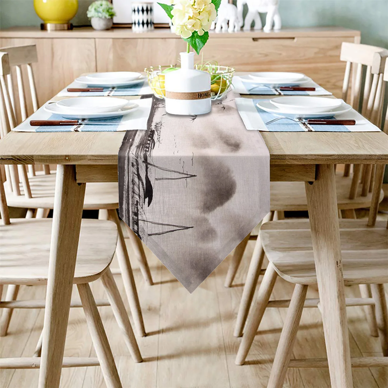 Landscape Painting Ship Bamboo Table Runner For Wedding Hotel Party Runners Modern Cake Floral Tablecloth Home Decoration | Дом и сад