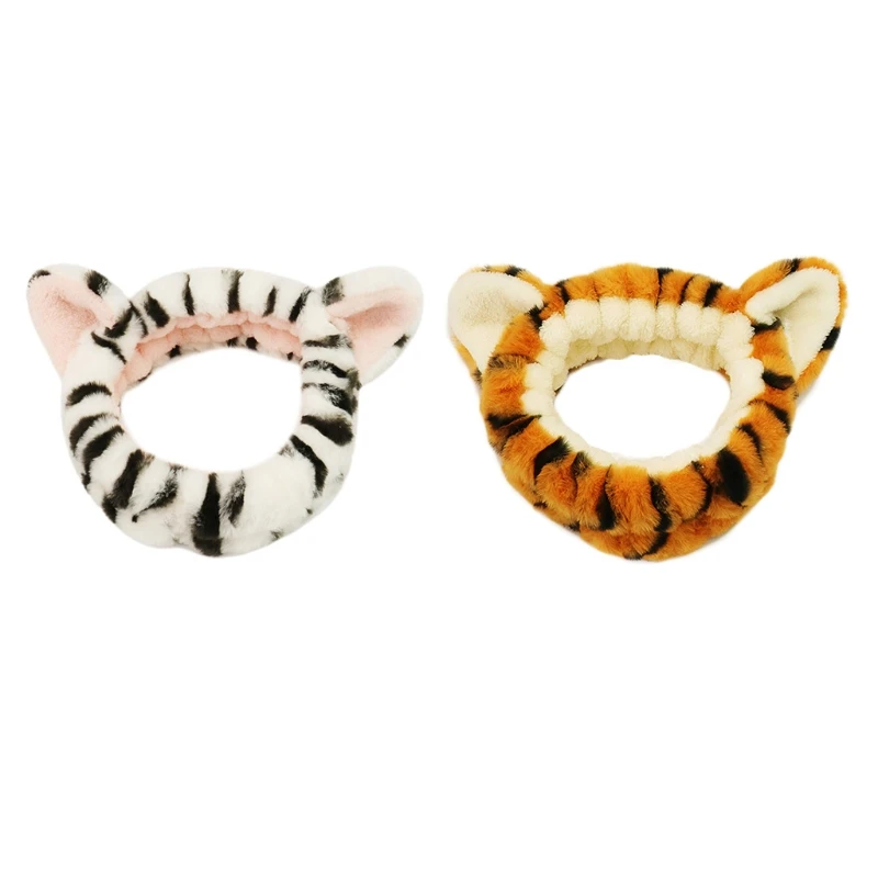 Elastic Furry Headband Non Slip Tiger Striped Head Wrap Cat Ears Headbands Makeup Headwrap Lovely Soft Animal Head Wrap 094B