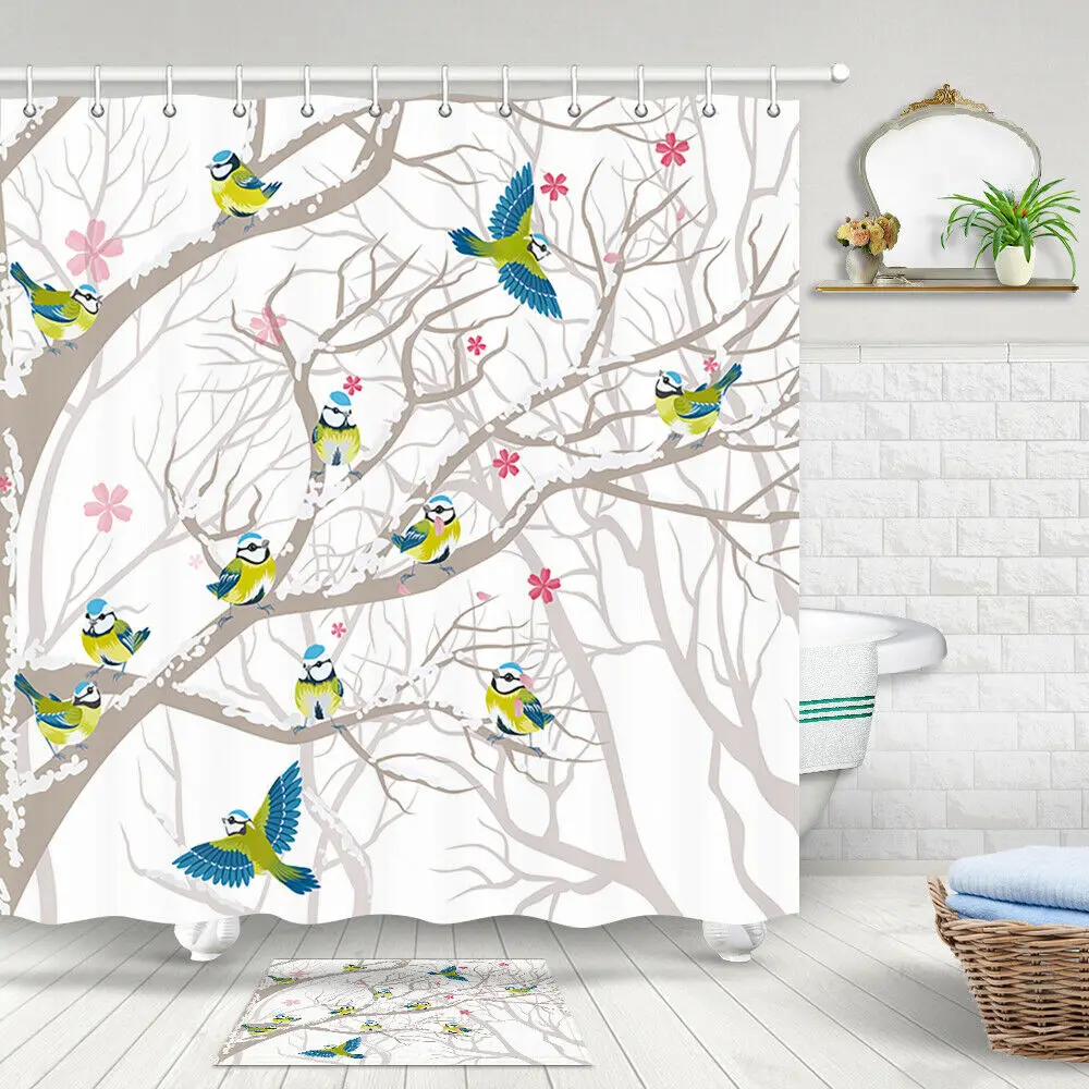 

Happy Birds and Tree Fabric Shower Curtain Bathroom Waterproof & Hooks