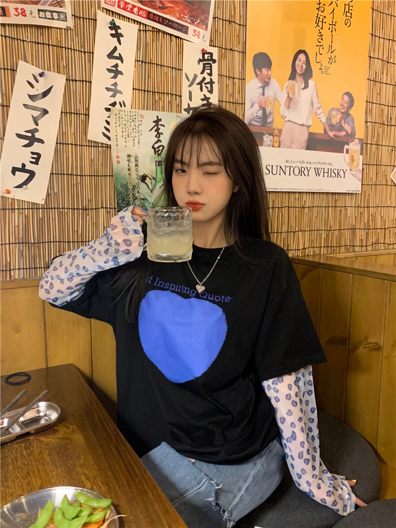 

YTX1635 T-shirt female design sense niche summer 2021 new Korean version loose large version love short sleeves