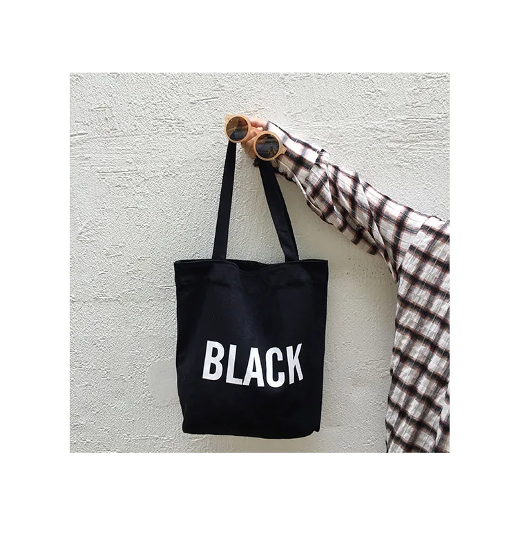black Холщовая Сумка-тоут для женщин, сумки с буквенным принтом, эко многоразовая тканевая сумка для покупок, студенческие школьные сумки, женская повседневная сумка-шоппер - Цвет: black