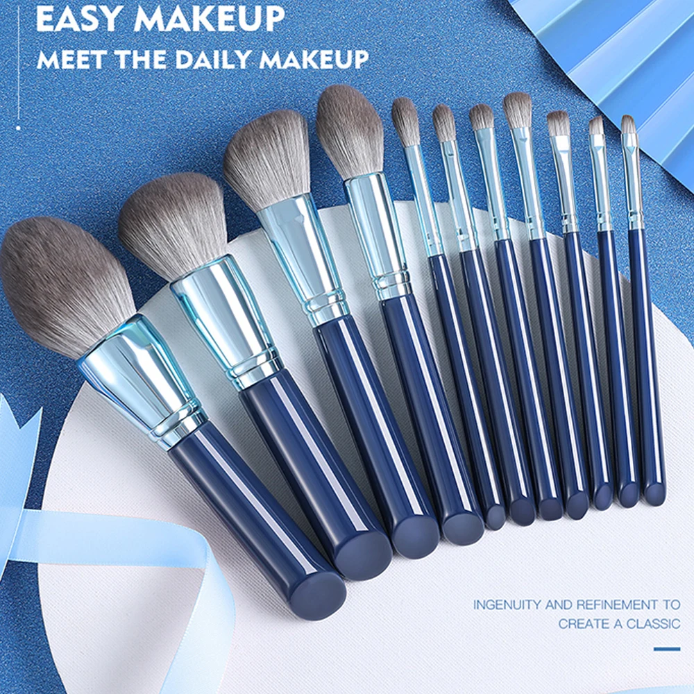 

11pcs/Set Blue Makeup brushes Set Foundation Blusher Bronzer sculpting Highlighter Eye shadow eyebrow Make up brush Grey hair