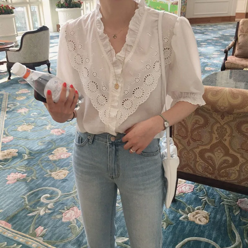 

Summer Blouses Ruffle Shirt Casual Puff Sleeve Blouses Womens Blusas Tops