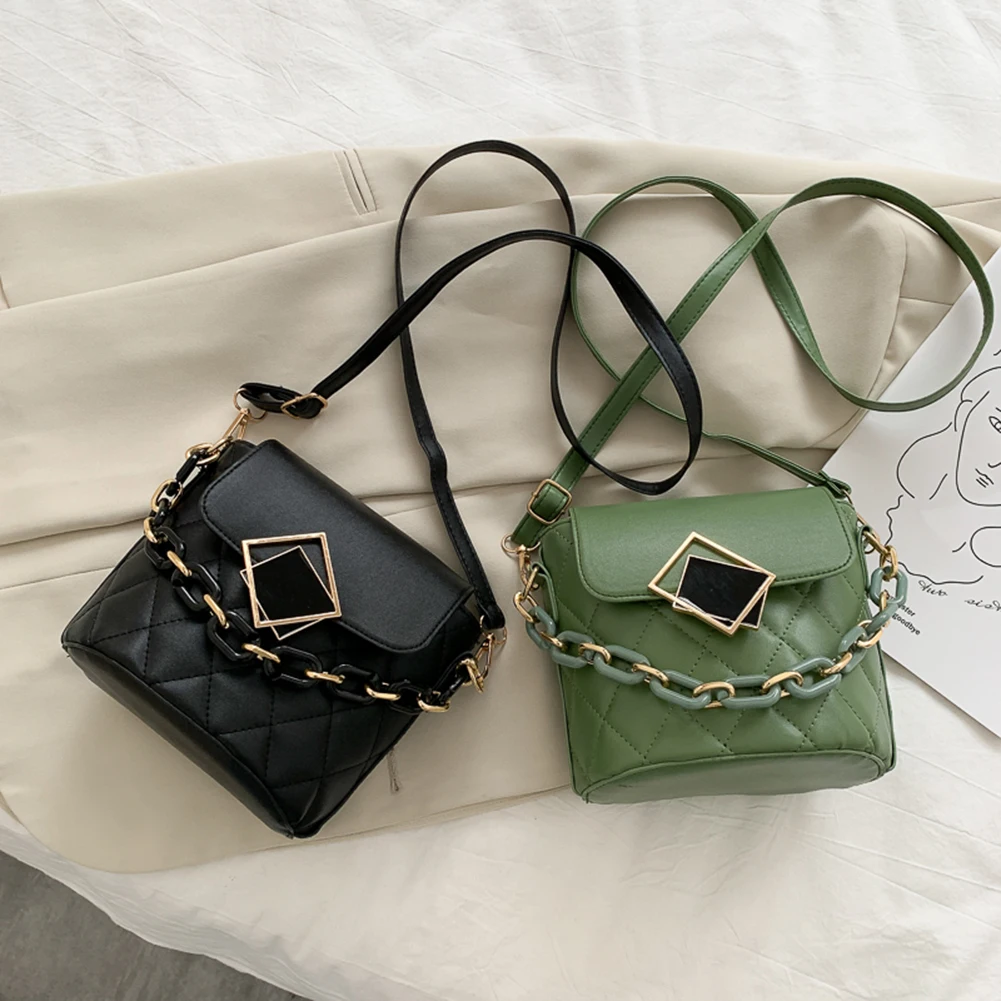 

Fashion Lattice Pattern Crossbody Bag Women Acrylic Chain Bucket Handbag Female Solid Color PU Leather Shoulder Messenger Pouch