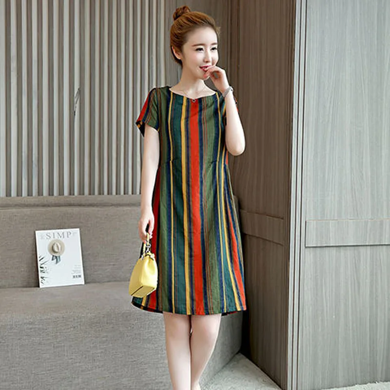 

New Summer Cotton Lady Elegant print A-line dress short sleeve o-collar print medium-length loose size dress SS637