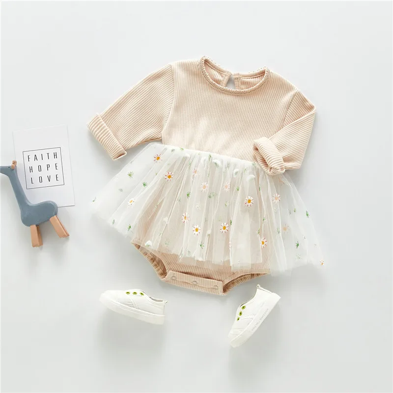 Детский комбинезон с цветочной вышивкой круглым вырезом и длинным рукавом|Боди