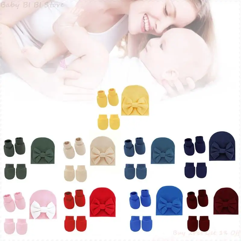 

1Set Baby Bowknot Hat No Scratch Gloves Foot Cover Set Infants Soft Cotton Mittens Beanies Cap Socks Kit for Newborn Todddles