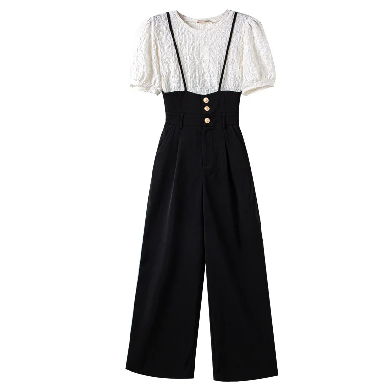 

Fashion Suit 2021 Summer New Women's Pleated Top + Loose and Versatile Black Strap Pants
