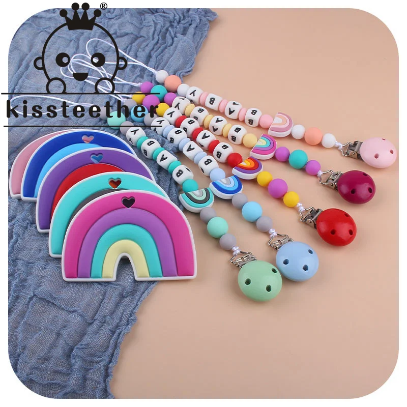 Kissteether-mordedor arco&iacute;ris de silicona, cadena de chupete, regalo para Baby Shower, collar de silicona para dentici&oacute;n, sin BPA-0