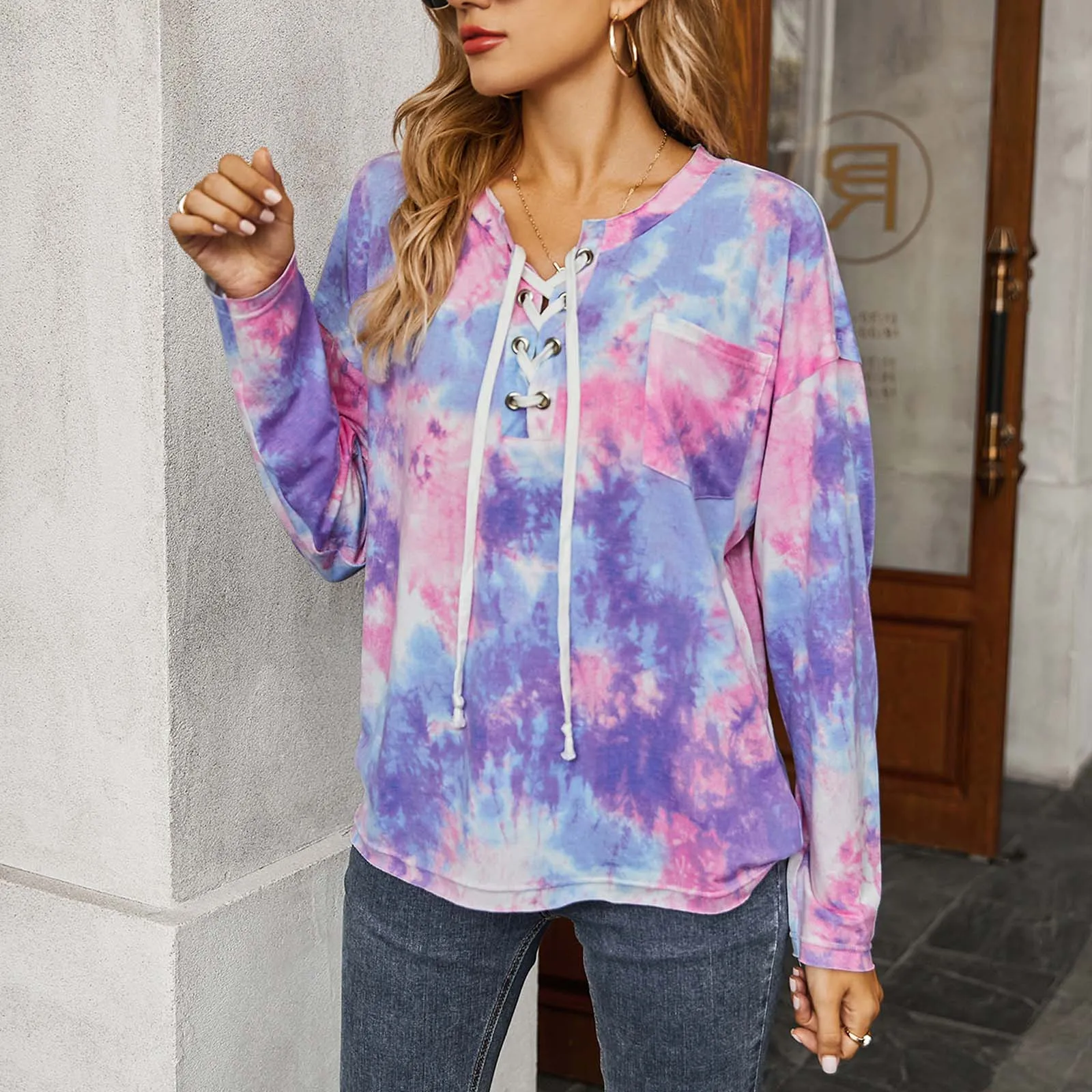 

FREE OSTRICH Womens Fashion Casual Long Sleeves V-neck Tie-dyed Shirt Blouse Tops Streetwear Female Top Sudadera Mujer
