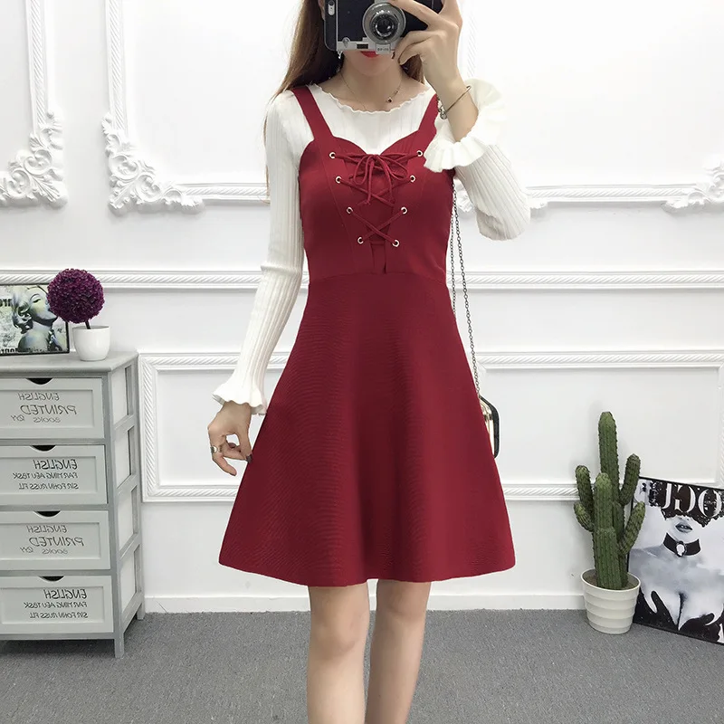 Vest skirt Wine Red Свободный свитер-Платье Повседневный весенне-осенний корейский длинный вязаный пуловер жилет v-образный вырез женский джемпер без рукавов Vestidos - Цвет: Vest skirt Wine Red