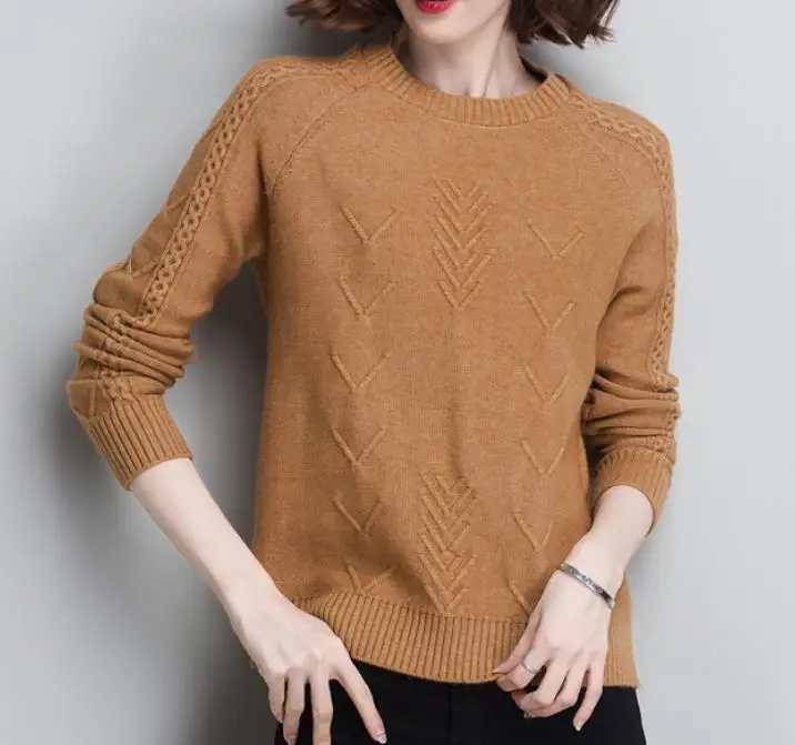 dark khaki Soft Cozy Cashmere Cotton Blend Embossing Pullover Sweater Autumn Winter Women Clothes Basic Jumper Pull Femme Pink Sweater - Color: dark khaki