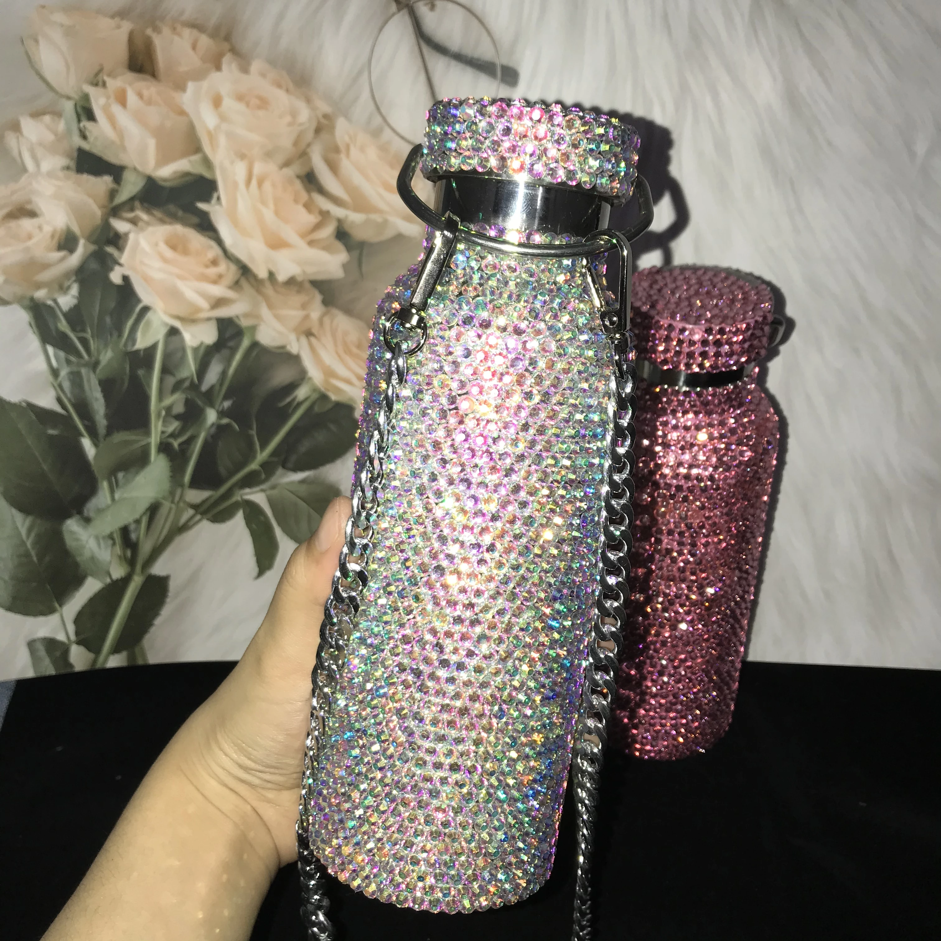 Цветной Алмазный термос с цепочкой на плечо бутылка для воды из нержавеющей