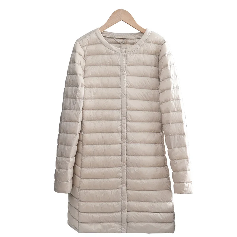 

Women's Light Down Jacket Autumn Winter Long Large Size Round Neck Snap Button Long Sleeve Jacket Warm Coat Lady Soft Outerwear