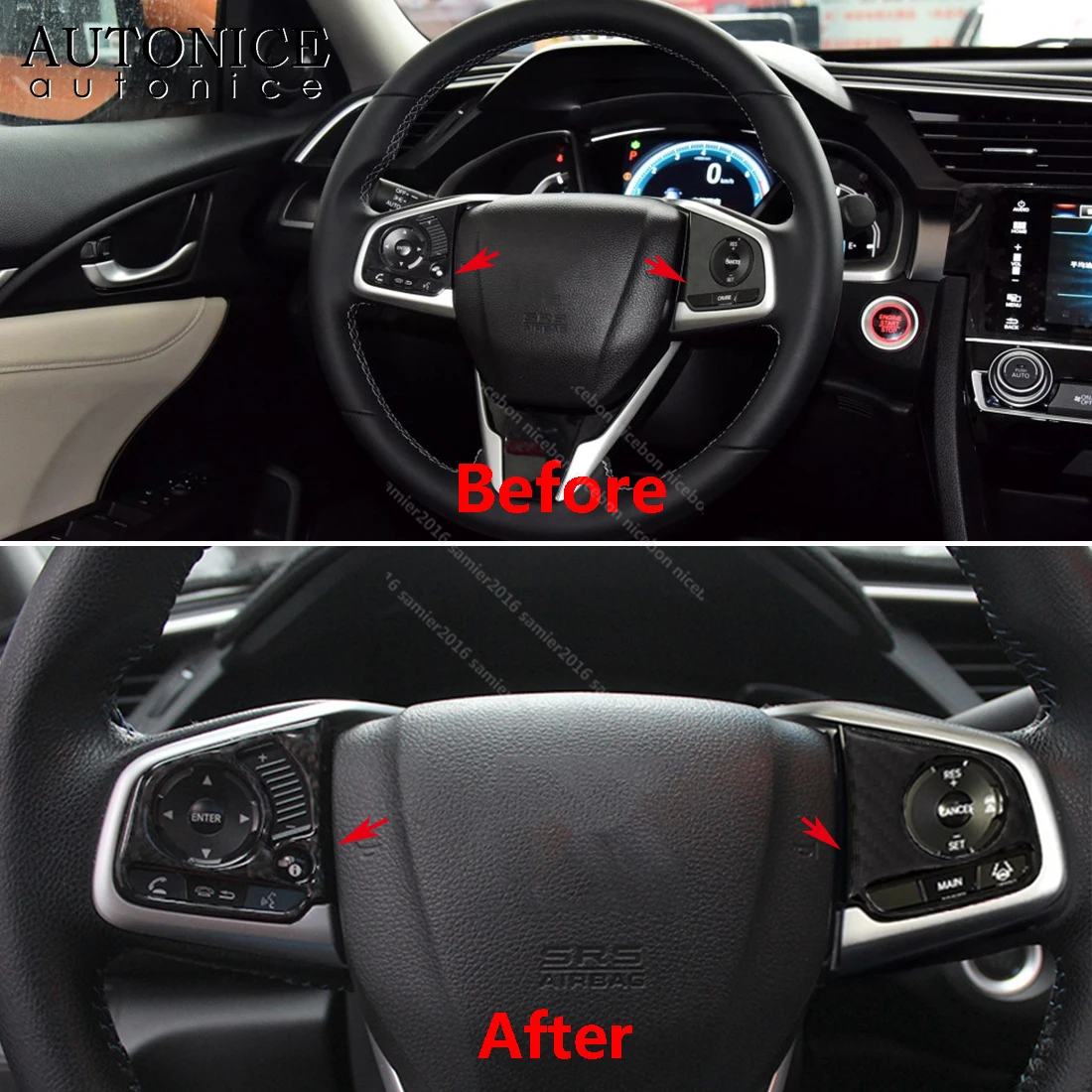 Скидка Подходит для Honda Civic, 2 шт., красная левая и правая стороны рулевого колеса из углеродного волокна, отделка
