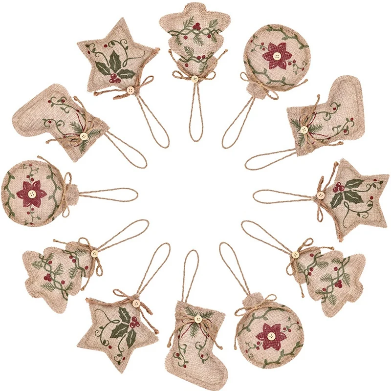 

12 Pieces Christmas Burlap Tree Ornaments Hanging Decorations Christmas Stocking Tree Ball Shaped Decor for Christmas Party, 4 S