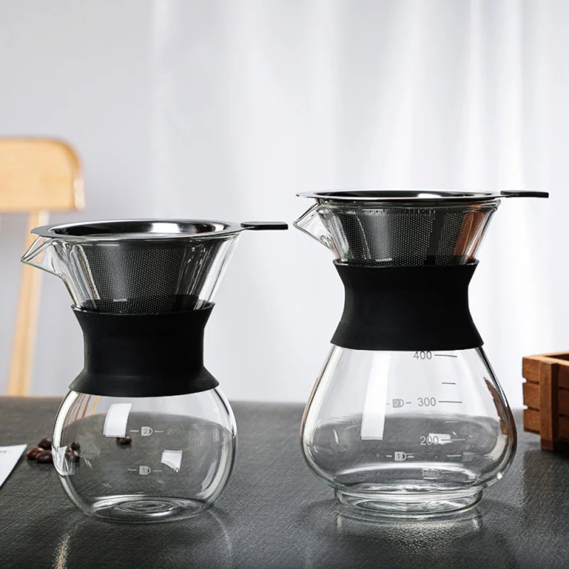 

200/400ML Resistant Glass Coffee Kettle Stainless Steel Filter Dripper Anti-Scald Wooden Handle Brewer Pot Barista Tools O