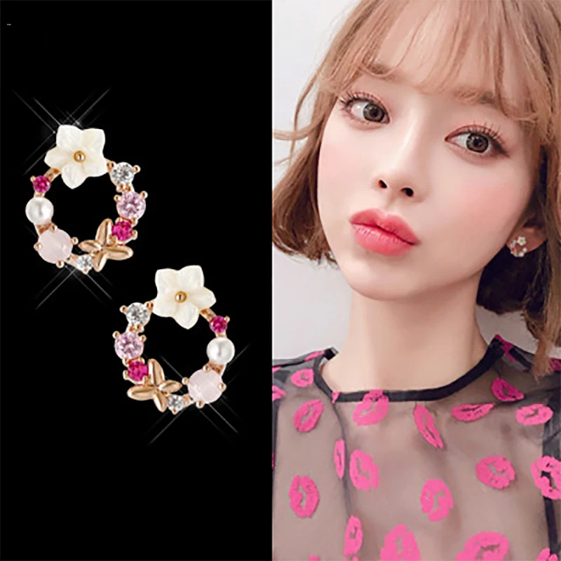 

Korean New Colorful Flower Stud Earrings for Women AAA Cubic Zircon Rose Gold Color Fashion Pear Earrings Wedding Bridal Jewelry