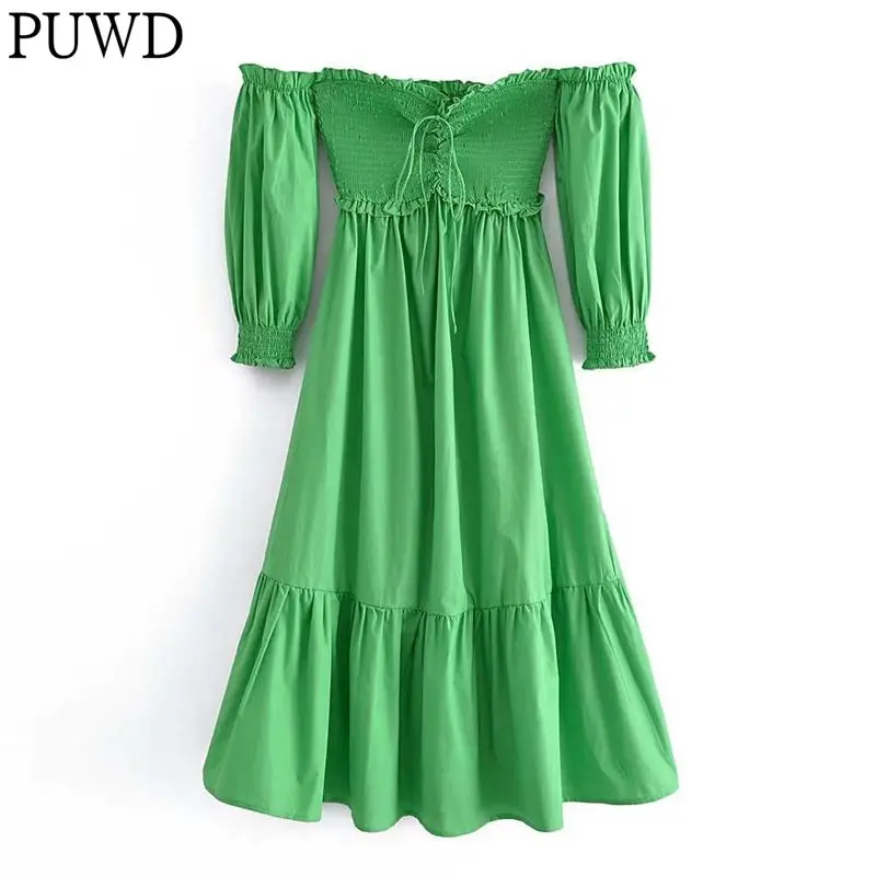 

Повседневное женское платье-миди PUWD, весна 2022, модные женские платья с рукавами-фонариками, женское зеленое платье с запахом на завязках