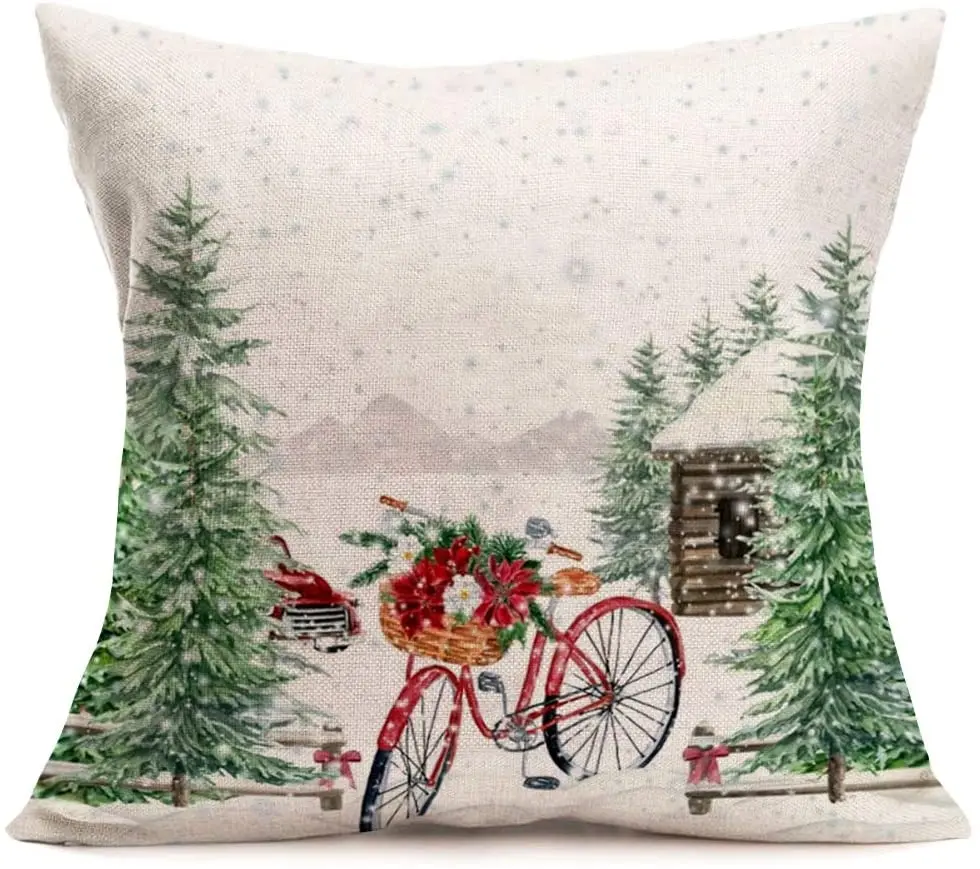 

Merry Christmas Decorative Pillow CoversChristmas Tree with Red Bicycle Xmas Snow Scenery Throw Pillow Case Home Sofa