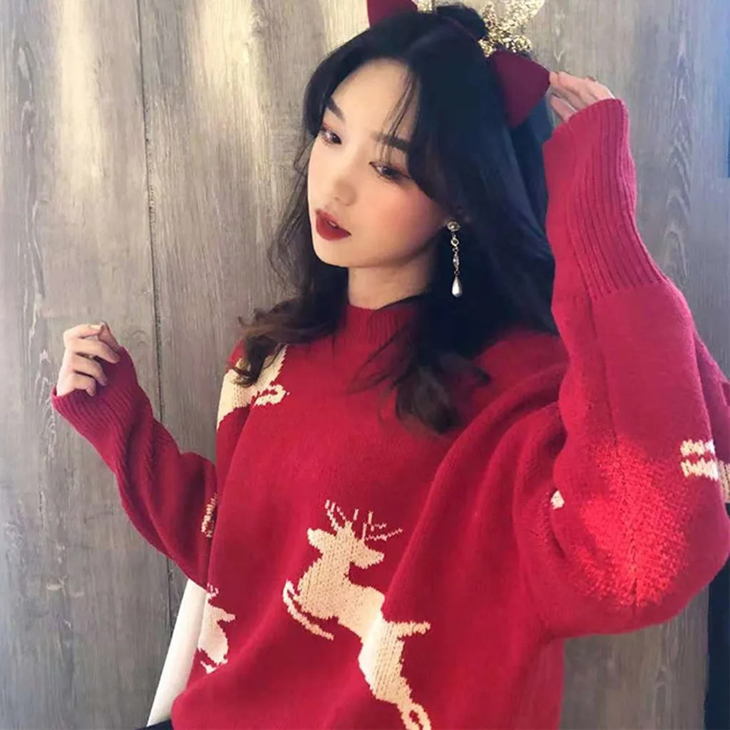 Christmas Women Sweater Santa Claus Reindeer Printed O-neck Long Sleeve Women Pullovers Winter Jumpers Knitwear Sweater