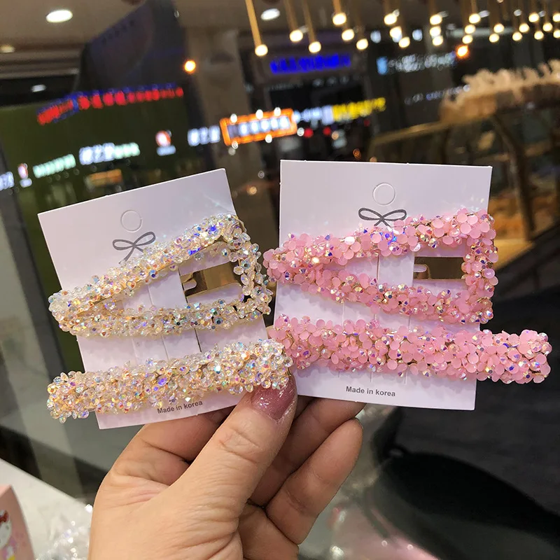 

2 Pcs/set Solid Rhinestone Hair Clips Korean Sweet Bling Geometry Hairpins for Women Girls Crystal Bang BB Clip Hair Accessories