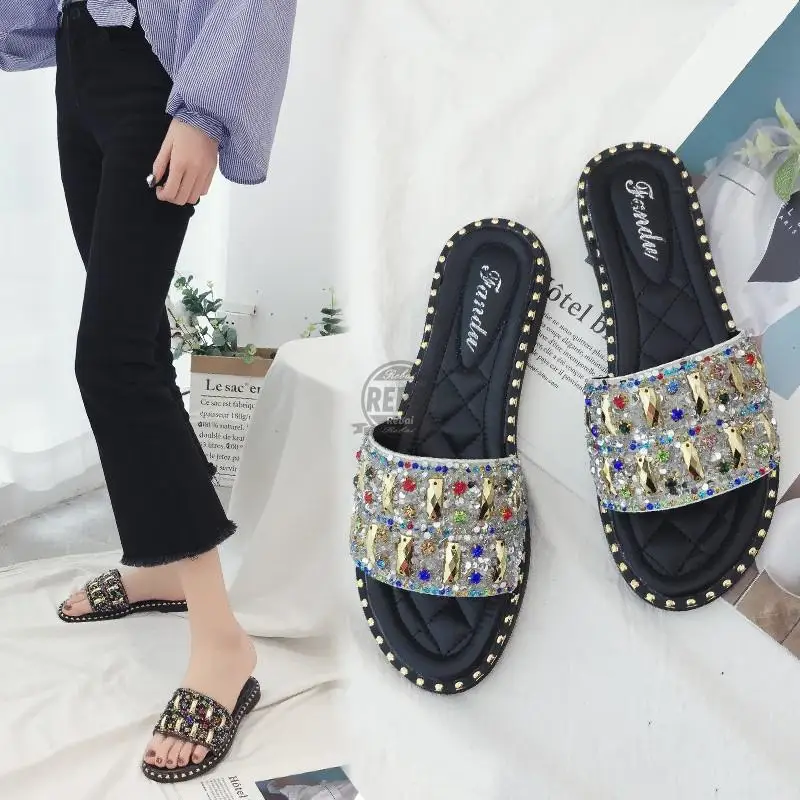

Plus Size 35-43 Slippers Women2022 Summer New Fashion Rhinestone Sequins Outer Wear Flat Bottom Korean Version All-match Sandals