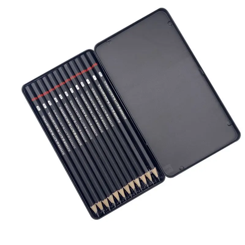 

12 Pcs/Set Professional Sketch Pencil Set Children Iron Box Painting Drawing Stationery Supplies Primary School Student Art Tool