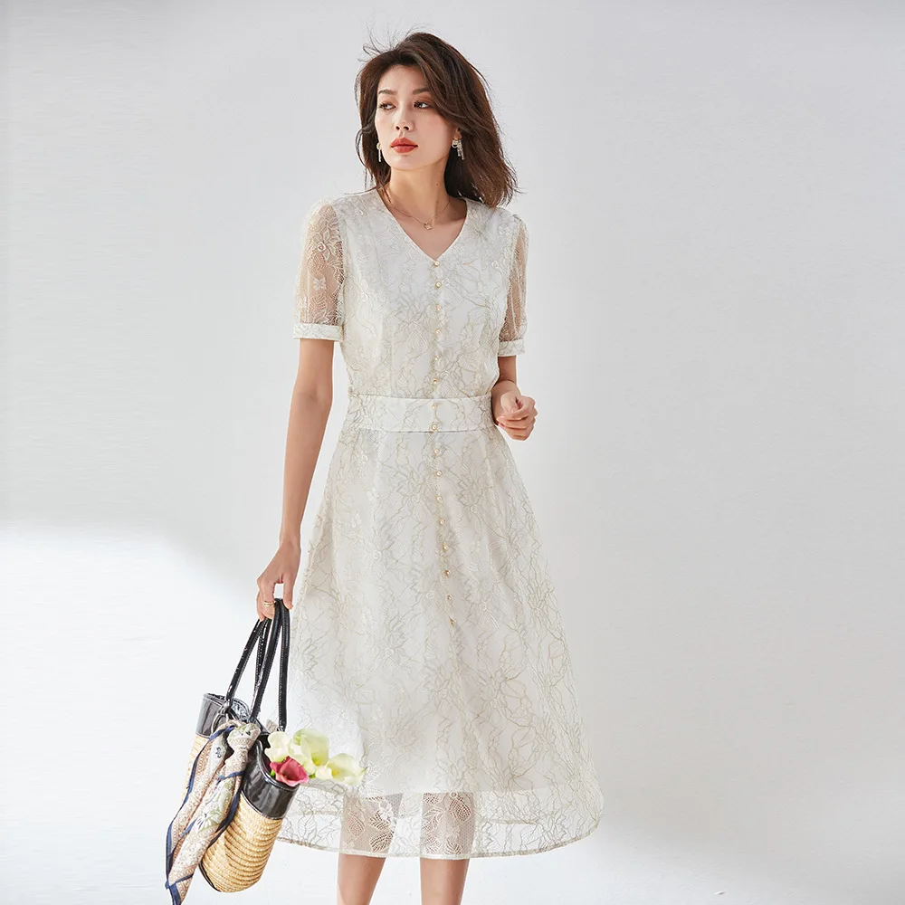 

Summer Gold Silver Wire Purple Floral Midi Lace Dress White Single Breasted A Line Dresses Short Sleeve V Neck High Waist Mesh